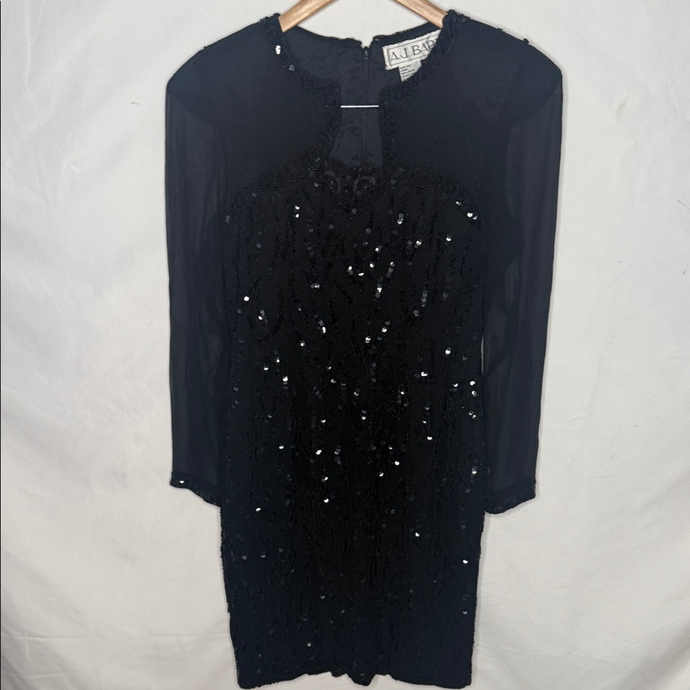 Vintage A.J. BARI 100% silk beaded sequin embellished sheer sleeve dress sz Sm